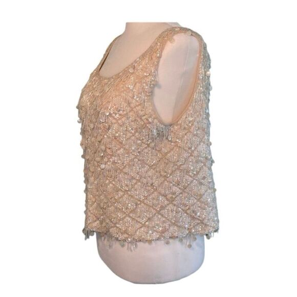 Vintage 60s Cavanagh 100% Beaded Sequin Wool Sweater Vest Ivory Cream L - Picture 3 of 11